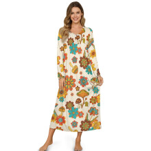 Cozy Winter Nightgown for Women, Soft Lightweight Sleepshirt Dress, Button-Front, Long Sleeve, Full-Length Loungewear, L, Mushroom Floral Beige