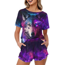 Galaxy Wolf-pyjamaset för kvinnor i plusstorlek, extra stor, kortärmad topp och byxor, 2-delat mjukt loungeset med fickor, nattkläder