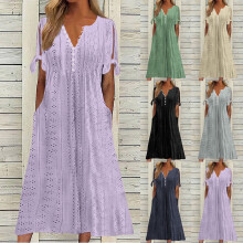 Vestido largo para mujer, moda de verano y primavera, cuello en V, color liso, calado, bolsillo, botones, estilo casual, holgado, a media pantorrilla.