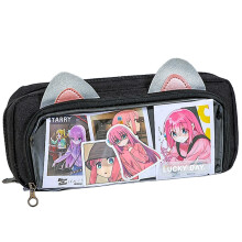 Large Capacity Anime Pencil Case Black, Cute DoubleLayer Transparent Canvas Pencil Pouch for School