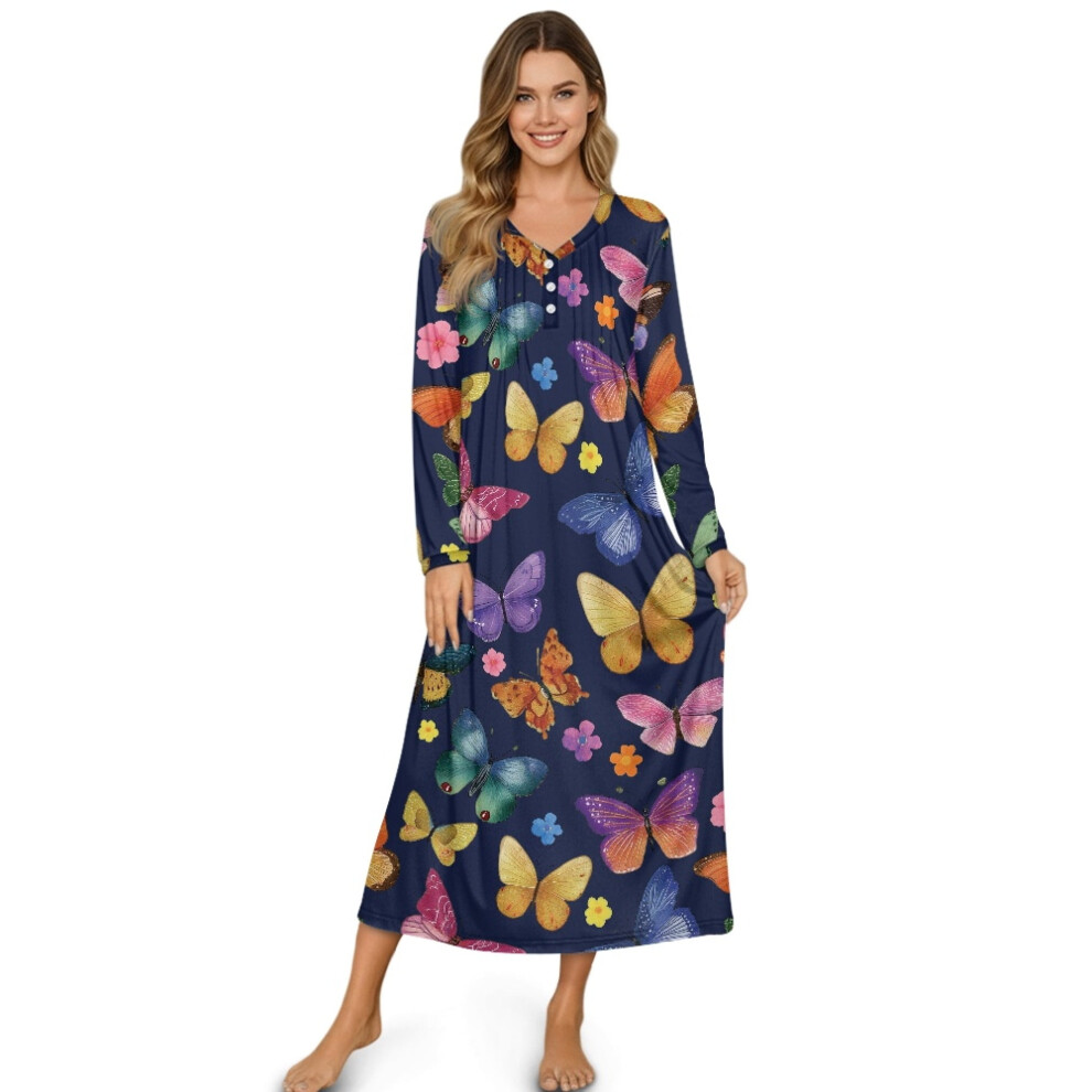 Women's Long Sleeve Button-Front Nightgown â Soft, Breathable, Full-Length Sleepshirt & Lounge Dress, L, Colorful Butterfly (Compatible with-image-OPC-PSSKF65-NEW