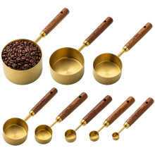 8-Pc Golden Stainless Steel Measuring Spoons Set with Wooden Handle, Nesting for Dry/Liquid Ingredients – Compatible with Kitchen Use