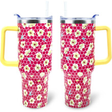 Koffiemok van 1,2 liter (40 oz) van blauw en wit porselein met handvat, rietjesdeksel en lekvrije, geïsoleerde roestvrijstalen reisbeker voor warme