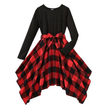 Girls Winter Dress Long Sleeve Patchwork Plaid Asymmetrical Hem Dress With Belt Party Wear For Kids 7-12 Years Soft Outfit
