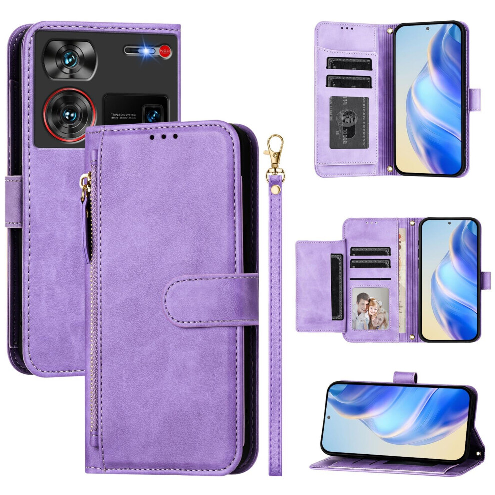 Wallet Case Pu Leather Flip Cover With Zipper Closure And Holster For Zte Nubia Z60 Ultra Purple 9092120181401