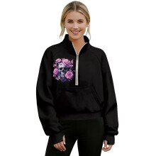 Damegenser med grafisk glidelås, hettegenser med høy hals, langermet genser – hodeskalle/rosa/sommerfugldesign, svart/fiolett/rosa, L