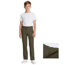 Gutteuniformbukser i militærgrønn, stretch-chino med lommer, pull-on-modell – kompatibel med skolens kleskode