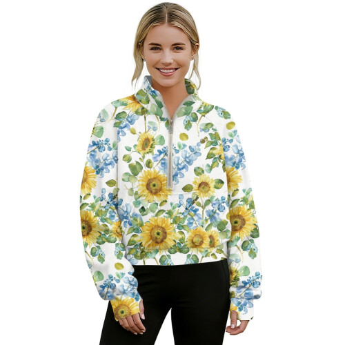 Women's Half-Zip Cropped Sweatshirt with Sunflower Leaf