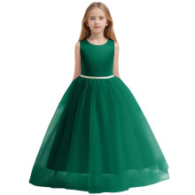 Flower Girls Satin Pageant Dress O-Neck Solid Color Sleeveless For Wedding Kids Pearls Prom Gowns With Bow Knot Birthday Toddler Child Sundress