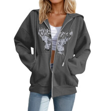 Sudadera con capucha informal de manga larga con cremallera para mujer, estilo oversize, con estampado de mariposas y diseño gráfico moderno.