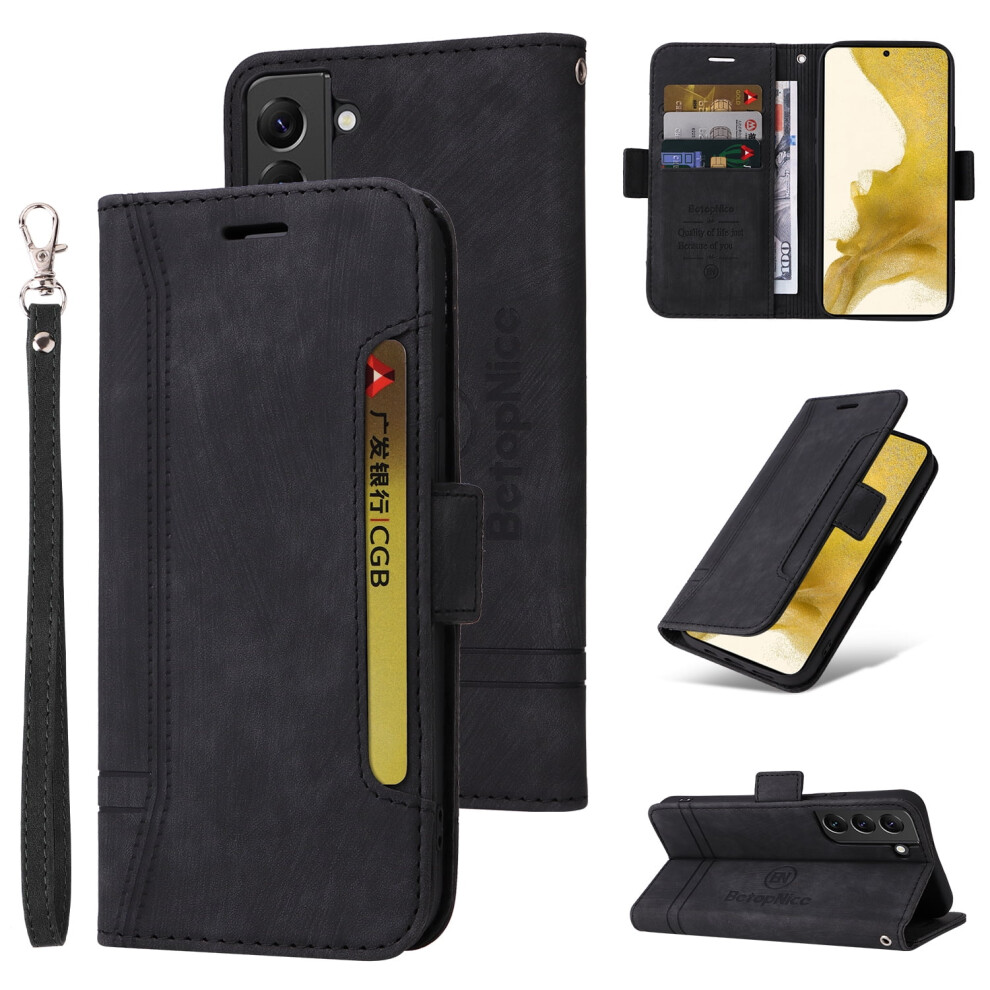 Samsung Galaxy S22 5G (6.1") Wallet Case With Wrist Strap, Shockproof Pu Leather, Magnetic Clasp, Id/Card Slots, Flip Stand, Black 9479868131781