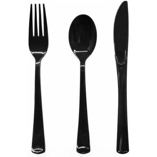 Set di posate in plastica rosa da 150 pezzi: forchette, cucchiai e coltelli.