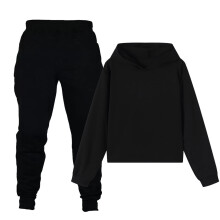 Conjunto esportivo preto de 2 peças para crianças – moletom com capuz e calça, inverno/outono, compatível com crianças a partir de 11 anos.