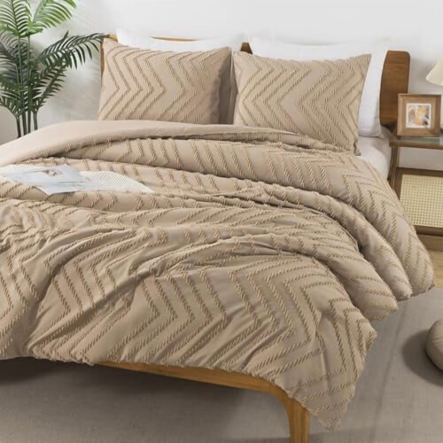 Taupe Boho Queen Comforter Set 3-Piece Tufted Chevron