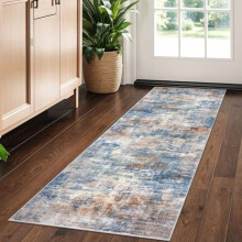 Abstract 2x5 Ft Washable Runner Rug – Non-Slip Faux Wool, Modern Blue/Rust, for Hallway, Kitchen, Bedroom – Compatible with Standard Floors