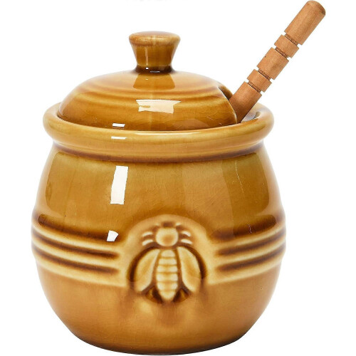 Tarro de miel de gres repujado de Creative Co-Op Farmhouse con cucharón de madera, blanco