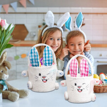 Easter Bunny Candy Bag Storage Basket – Reusable Fabric Basket for Treats, Eggs, Party Favors, Home Organizer, Gift Container – Pink, 9x8in