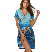 Women's Cozy Button-Front Nightgown, Short Sleeve Sleepshirt, Loose Fit Loungewear – 2XL, Sea Turtle & Starfish Blue