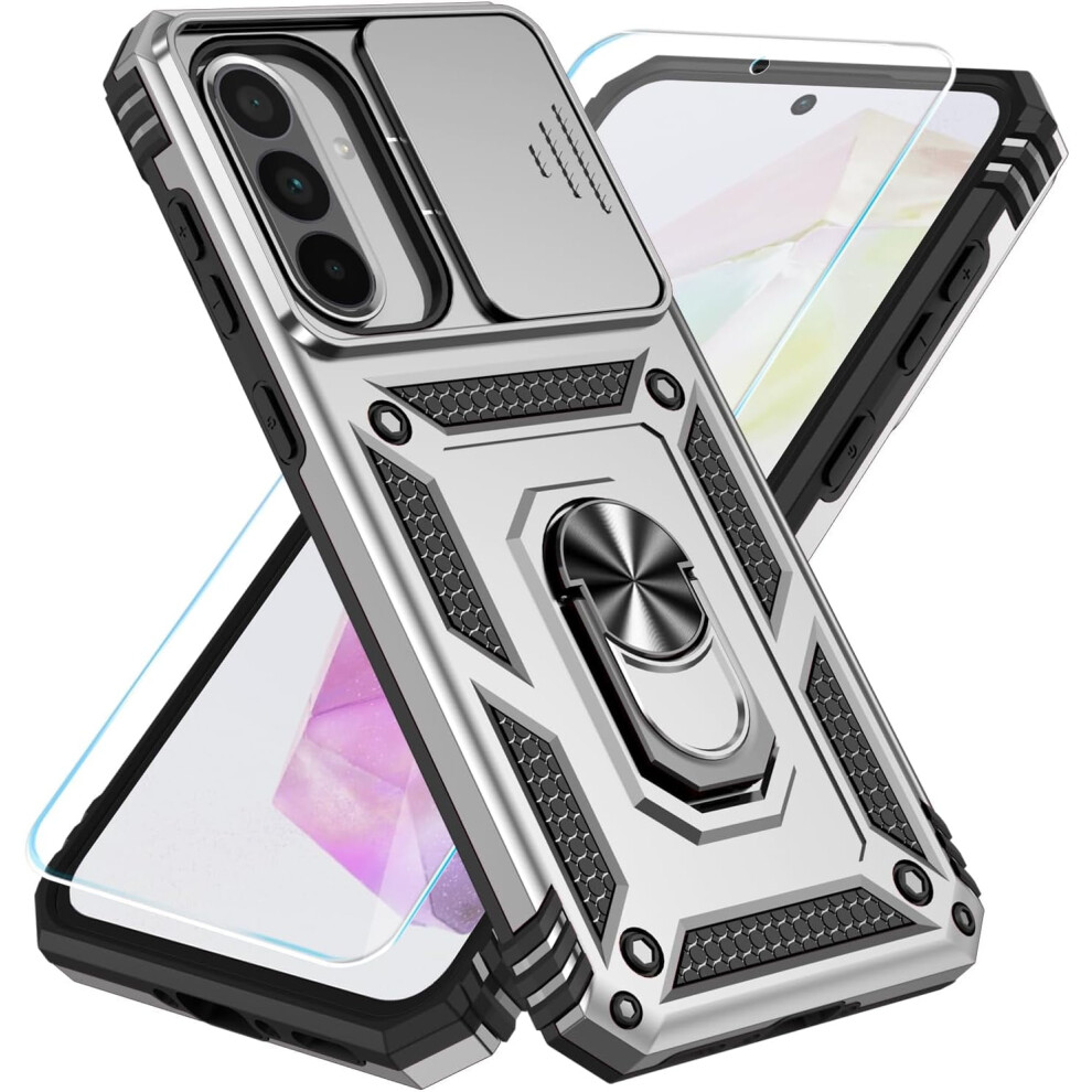 Heavy Duty Dual-Layer Case For Samsung Galaxy A36/A56 5G W/ Hd Screen Protector, Slide Camera Cover & Rotated Ring Kickstand 9365509242841