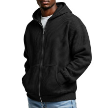 Moletom masculino com capuz, zíper frontal e textura waffle, bolso canguru.
