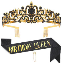 Set composto da fascia nera da regina del compleanno e tiara di cristallo, accessori per capelli con strass e fascia glitterata, ideale come regalo