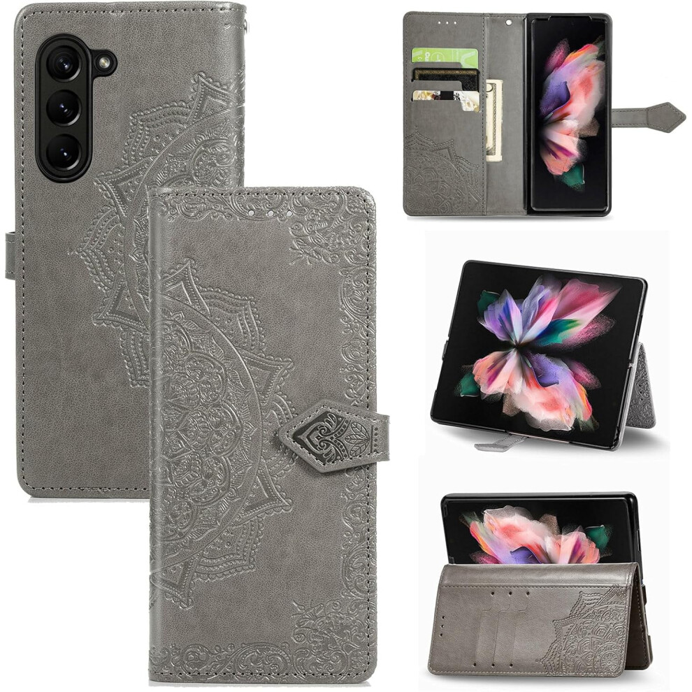 Leather Flip Wallet Case For Compatible With Samsung Galaxy Z Fold 5 Â Magnetic Closure, Shockproof, Card Slots & Kickstand, Mandala Gray 9479868405059