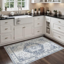 Washable 2'x3' Non-Slip Vintage Area Rug for Entryway, Bedroom, Kitchen & Laundry – Navy/White, Compatible with Hard Floors