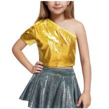 Girls One-Shoulder Short-Sleeve Shiny Dance Crop Top