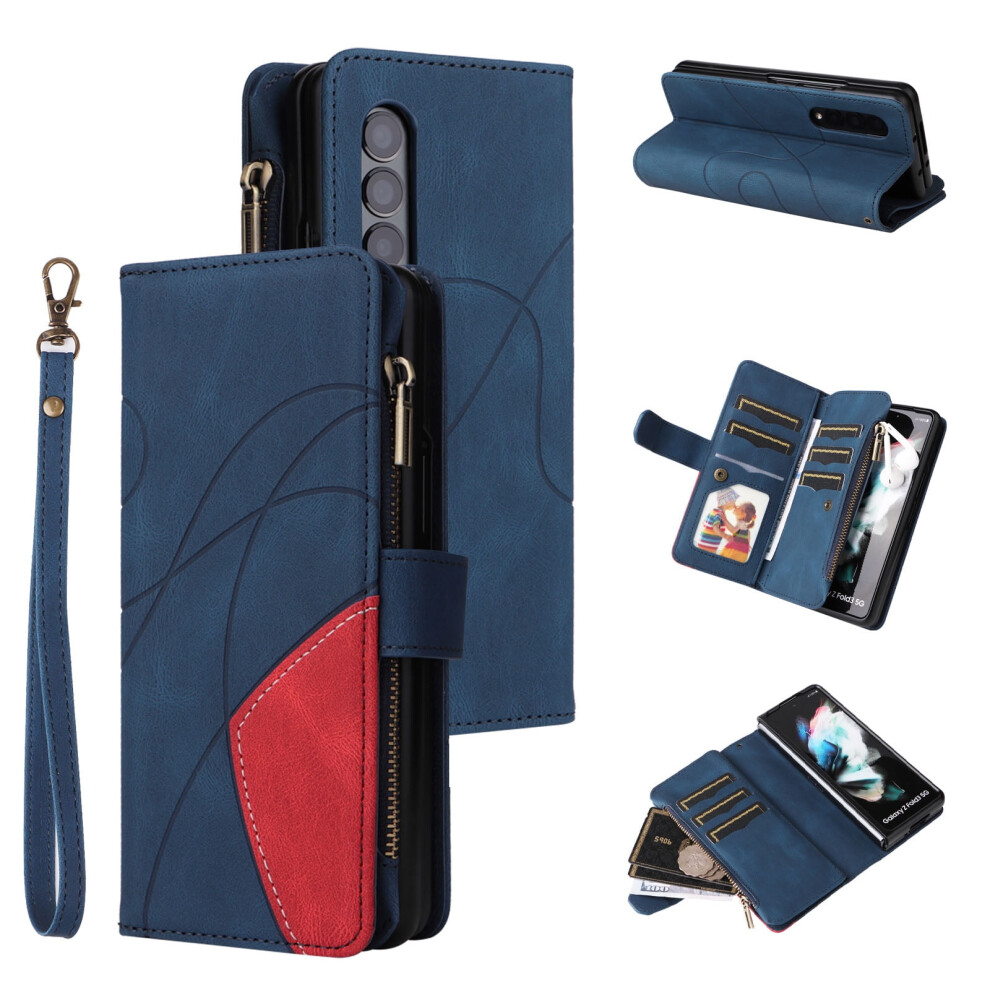 Galaxy Z Fold 4 5G Case (2022), Compatible With Z Fold 4 Â Leather Wallet Flip Cover With Zipper, Card Slot, Magnet, Kickstand & Wrist Strap Blue 9479868128873