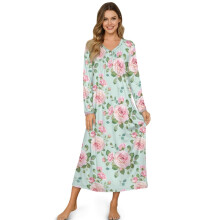 Women's Long Sleeve V-Neck Nightgown – Soft Button-Front Sleepshirt, Rose Green, S, Compatible with Lounge & Bedroom Wear