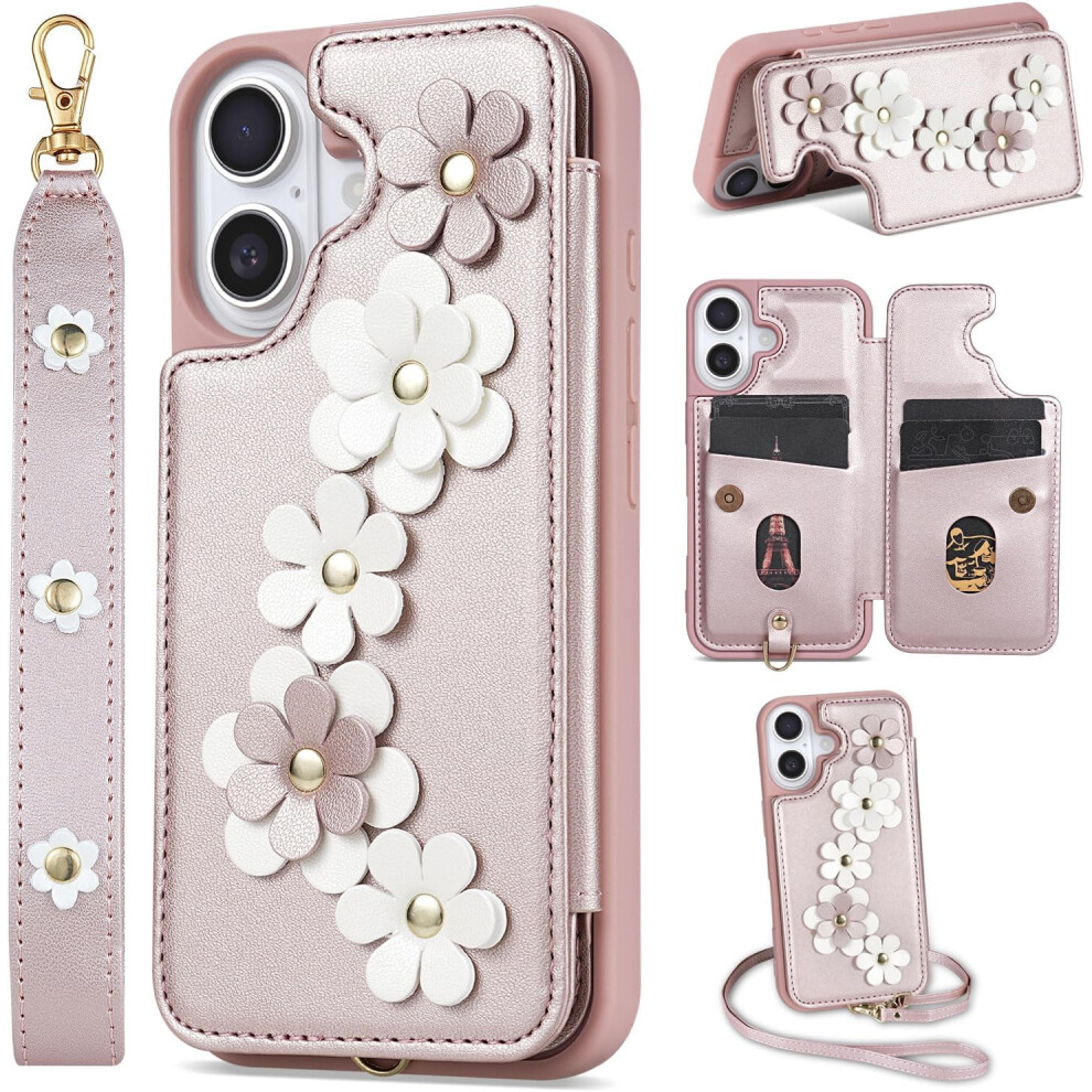 Compatible With Iphone 16 Wallet Case Â Floral Crossbody Purse With Magnetic Kickstand, Shockproof Pu Leather & Wrist Strap 9028731249988