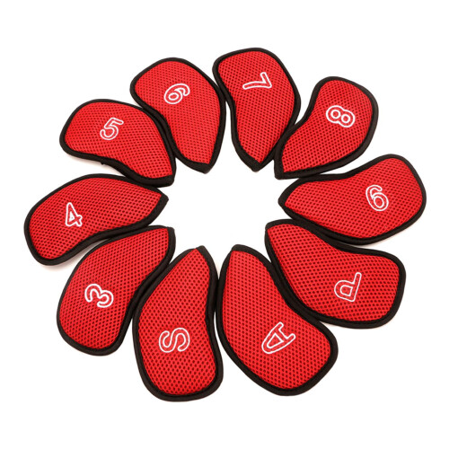 10Pcs/Pack Meshy Golf Iron Covers set includes 10pcs: 3,,,,7,8,9.P,S,A It only -sided number worked for right hand - red
