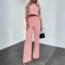 Top elegant pentru femei, culoare uni, cu mânecă jumătate, scurt, cu pantaloni drepți, set de 2 piese, cu buzunare, roz, S