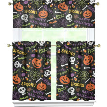 Halloweenske kuchynské závesy, strašidelné tekvicové kreslené kuchynské závesy, sady na okná, halloweenska okenná záclona, 3-dielna sada