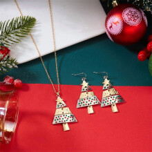 Elegante ketting en oorbellen met strasssteentjes en groene kerstboom – accenten van rode steentjes, het hele jaar door te dragen, sieraden voor