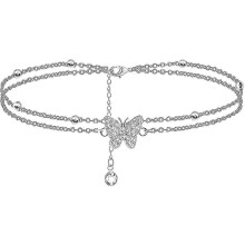 Bracelets de cheville papillon en argent 14 carats pour femmes - Bracelets de cheville ajustables à plusieurs rangs - Bijoux et cadeaux pour femmes e