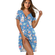 Women's Short Sleeve Button-Down House Robe & Nightgown, Lightweight Lounging Dress, Easter Bunny/Lily Blue, 2XL, compatible with home use