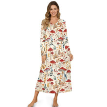 Women's Long Sleeve Nightgown Soft Breathable Button Front Ankle-Length Sleepshirt Comfortable Night Gown for Lounge Sleep, S, Mushroom Leaf Beige