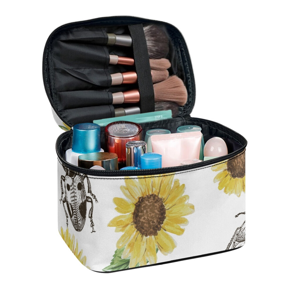 Travel Make Up Organizer Cosmetic Bag Brush Holders Sunflowers and Beetles Makeup & Skincare Organizer Bag Double Zipper