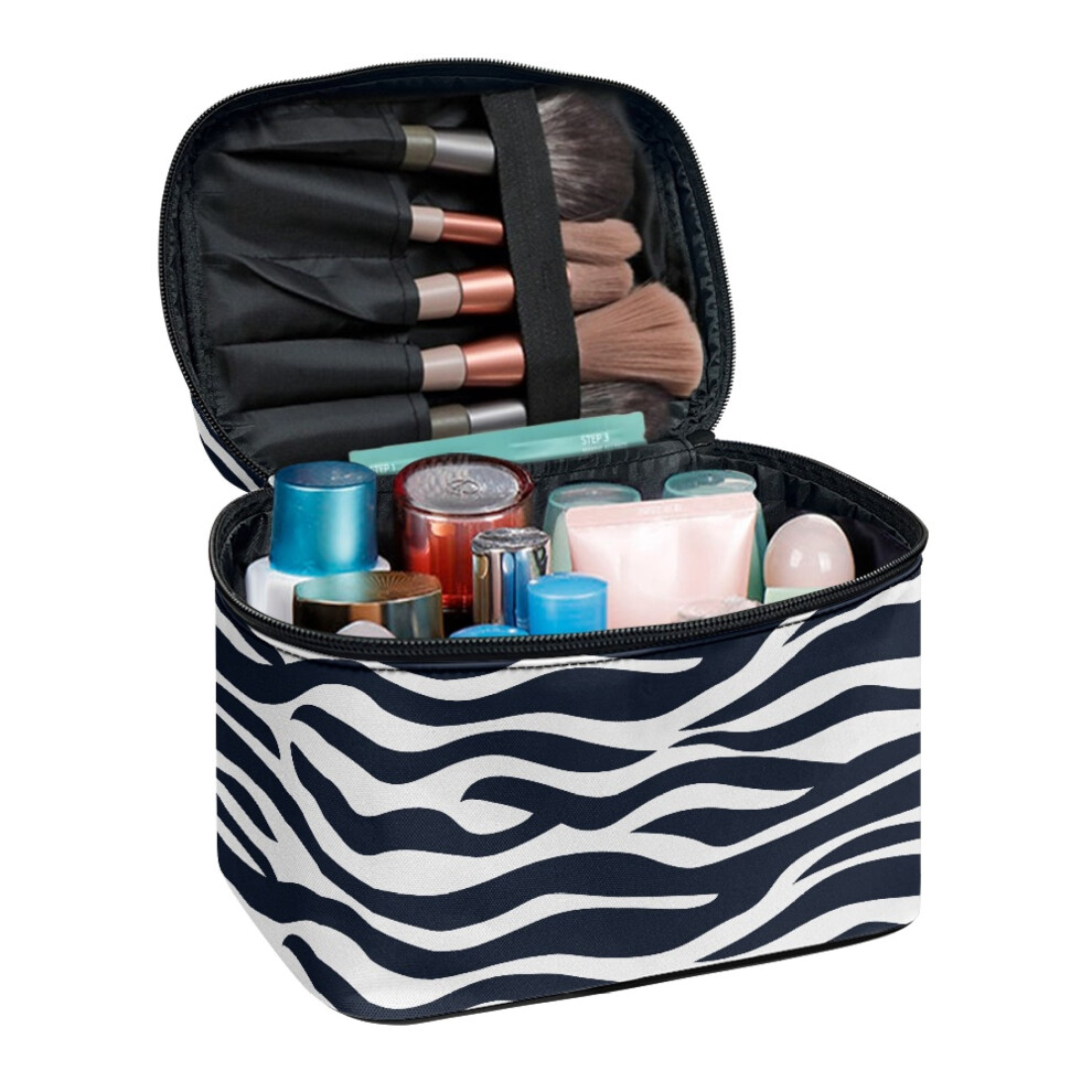 Travel Cosmetic Bag with Brush Slots Double Zipper Cosmetic Organizer Bag Case Zebra