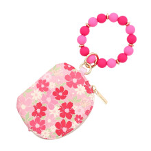 Boho Flower Wristlet Wallet with Beaded Bangle, Silicone Card & Cash Holder, Coin Purse, Key Ring Bracelet – Green/White, Compatible with All Keys