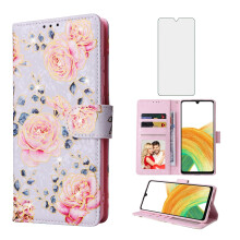 Wallet Case with Screen Protector, Floral Leather Cover with Card Holder and Stand for Samsung Galaxy A33 5G