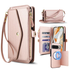 Detachable Magnetic Wallet Case for Google Pixel 9/9 Pro – RFID Blocking, Zipper Pocket, Crossbody Purse, Screen Protector, Rose Gold