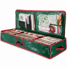 Gift Wrap Storage Holder (42x14"), for Paper, Ribbons, Bows, Scissors & Small Tree—Red/Green, with Interior Pockets, Compatible with Christmas Decor