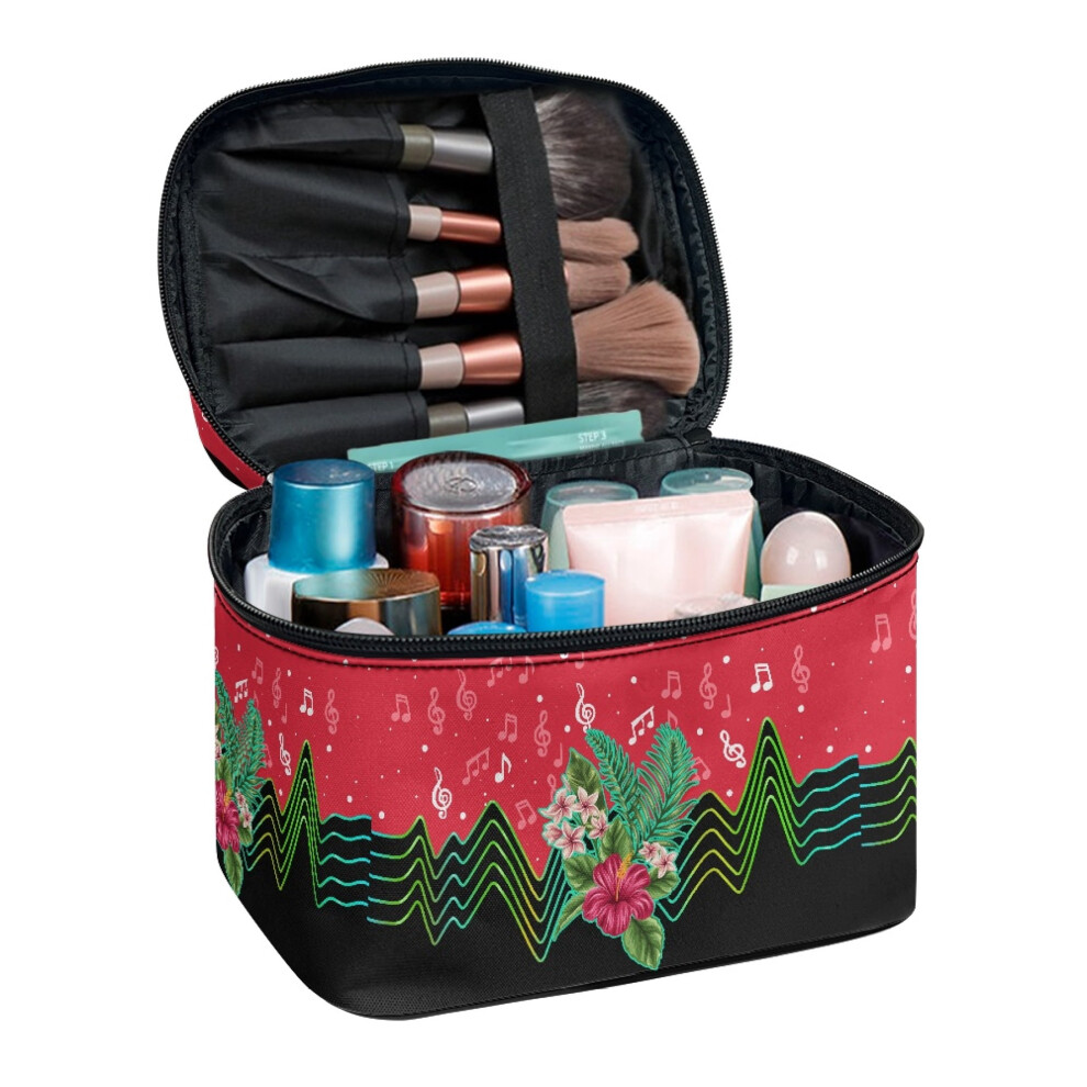 Floral Music Pattern Cosmetic Travel Toiletry Bag with Brush Slots Makeup & Skincare Organizer Bag Brush Slots Wide-open