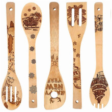 5-delige kerstset houten lepels, kerstkeukengerei, kooklepels voor serveren en bakken, kerstcadeau