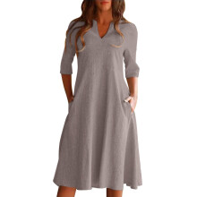 Long Sleeve Dress for Women Women's Summer V Neck Casual Solid Color Cotton Linen Swing Dress White Maxi Dress Long Sleeve Black Dress