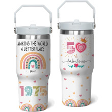 50th Birthday Tumbler 1975 – 40 oz Stainless Steel Cup with Handle & Straw, Compatible with Most Cup Holders