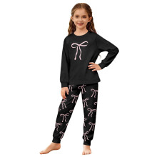 Girls Outfits Set 2 Piece Home Clothes Set Kids Bow Print Long Sleeve Crewneck Top Ankle-Tied Bottoms Ages 3-14 Years Soft Outfit