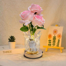 Rose Table Lamp, LED Artificial Flowers Small Table Lamp Night Light with Crystal Clear Glass Vase, Cordless Touch Lamp  for mother/girl gift
